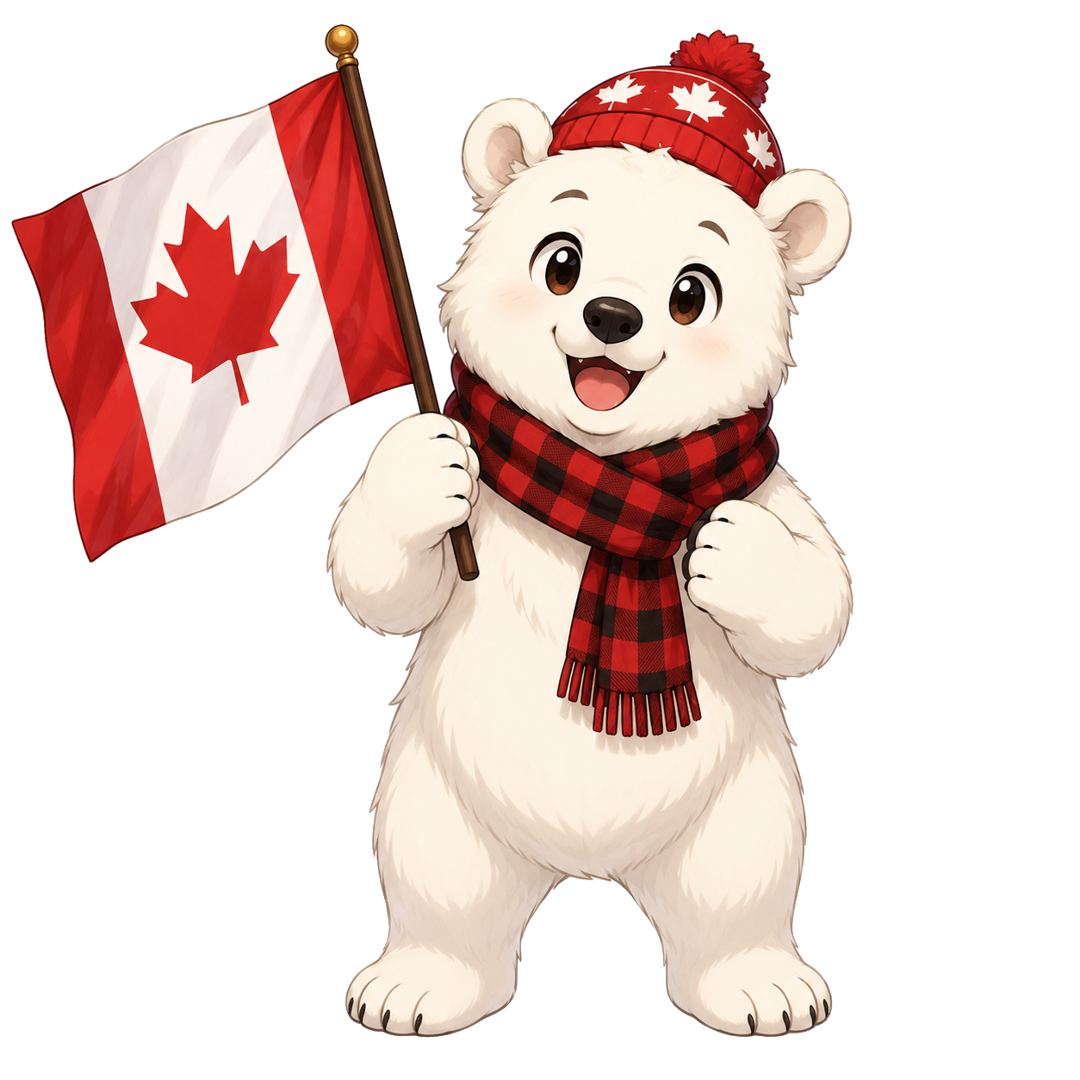 Poli, the PolarCover polar bear mascot, holding a Canadian flag